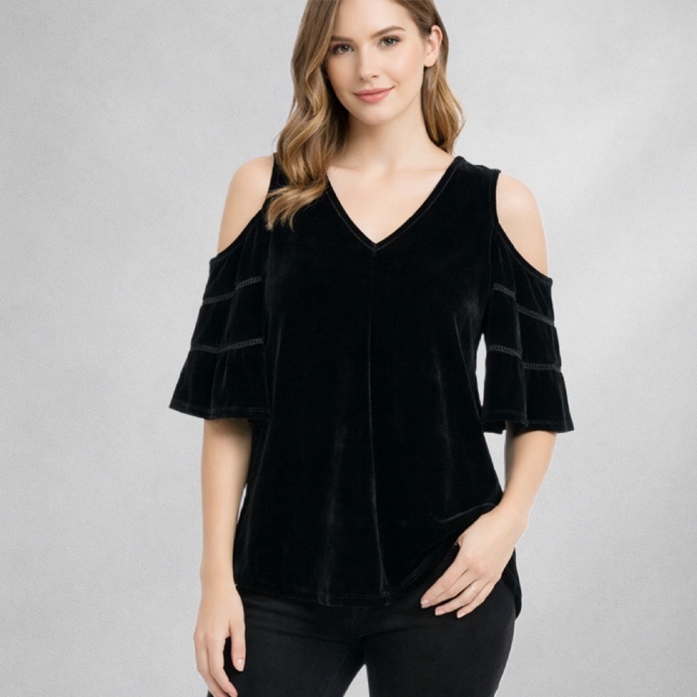 THML XS Black Velvet Cold Shoulder Ruffle Sleeve Top V-Neck Party Evening Blouse